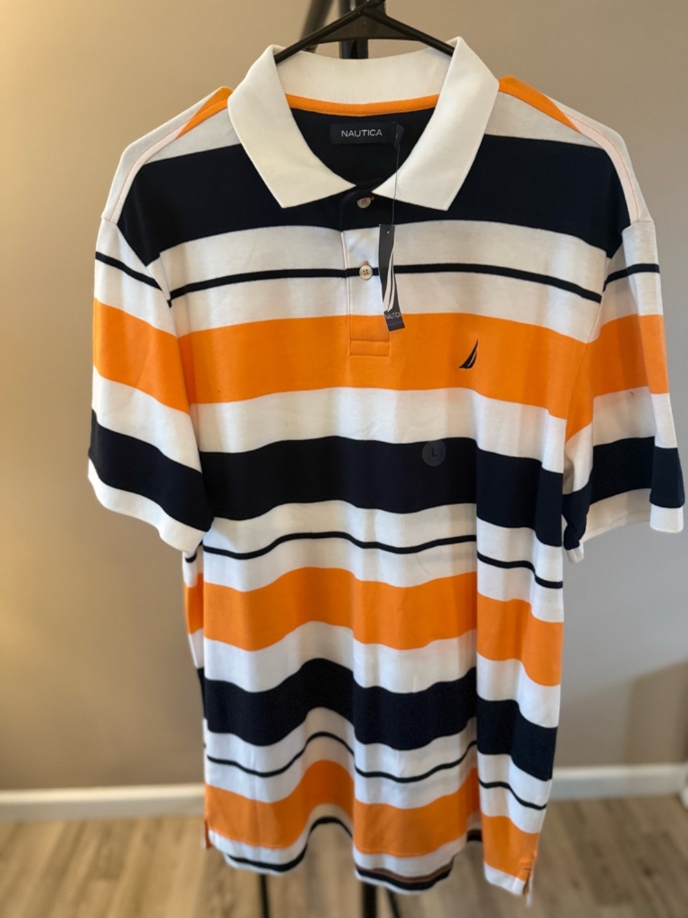 Nautica Men’s Orange, Navy & White Striped Polo